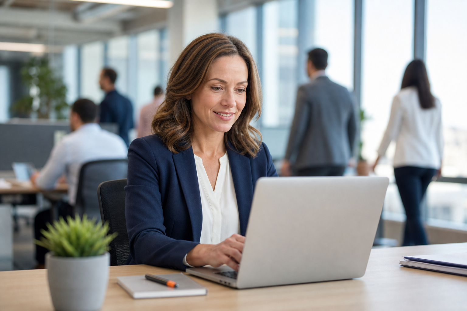White Female in Busy Office with People Walking Background